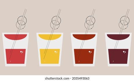 Horizontaler minimalistischer geometrischer Webbanner. Hintergrund für Business, Buchumschlag, Broschüre, Werbung, Restaurants, Menüs. Illustration mit mehrfarbigen Cocktails und einem Strohhalm auf Beige.