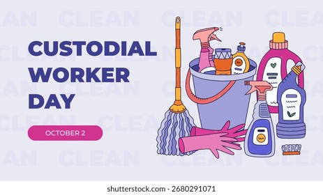 Horizontal minimalistic banner for Custodial Worker Day with detergent product and cleaning tools in bucket, mop, gloves. Trendy holiday illustration for poster, website background, social media.