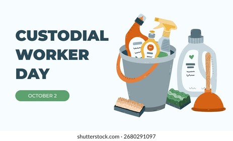 Horizontal Anuncio minimalista para el Día del Trabajador Custodio con herramientas domésticas, botellas de detergente en cubo. Ilustración de concepto de vacaciones simple en colores cálidos para póster, fondo de Sitio web, medios.