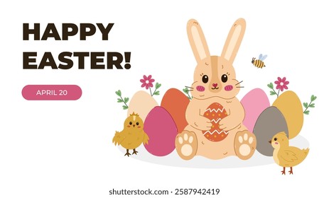 Horizontal minimalistic banner for Happy Easter Day with funny sitting bunny holding Easter eggs at lawn with baby chicken, bee, flowers. Simple poster, background, design for religious holiday.