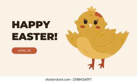 Horizontal minimalistic banner for Happy Easter Day with cute chick waving hello with wings. Simple holiday illustration for poster, website background as greeting with religious springtime carnival.