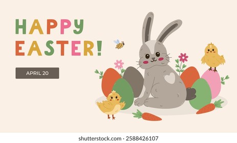 Horizontal minimalistic banner for Happy Easter Day with fluffy bunny in Easter eggs at meadow, chick, honeybee, flowers. Simple holiday illustration for poster, website background, social media.