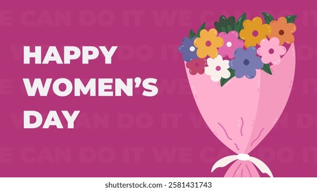 Horizontal minimalistic banner for International Women s Day with bouquet of flowers. Feminism movement, female solidarity. Simple holiday illustration for poster, website background, social media.