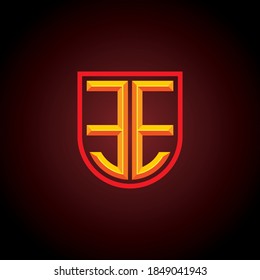 Letra horizontal con espejo E mayúscula en el escudo con efecto 3d grabado. Plantilla inicial de logotipo e ilustración.