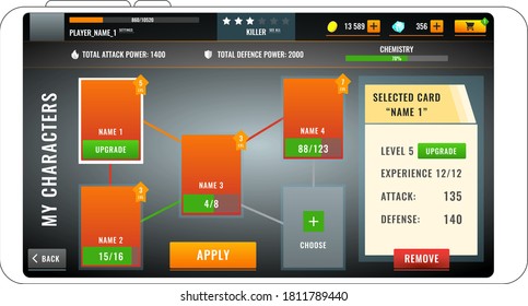 Horizontal mobile game screen characters stats concept