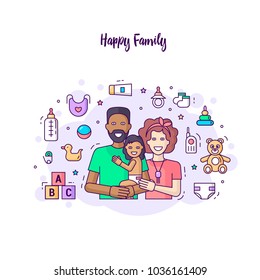 Horizontal modern banner flat line design happy family