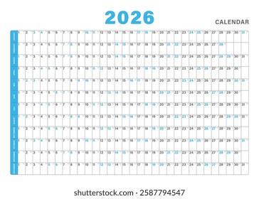 Horizontal modern classic blue calendar 2026. Calendar planner template 70x50. Desk or wall calendar in minimalist style