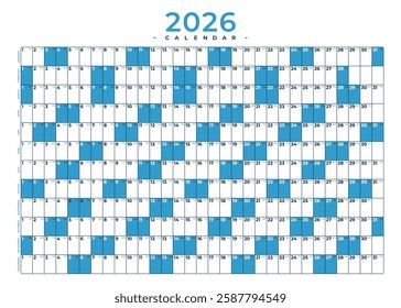 Horizontal modern classic blue calendar 2026. Calendar planner template 70x50. Desk or wall calendar in minimalist style