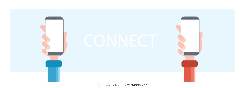 Horizontal modern illustration with hands holding smartphones, blue and white background for banner and commercial use, connection.