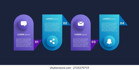 Horizontal Plantilla de diseño infográfico moderno con 4 pasos u opciones. Diseño de acento de dos colores para la visualización de datos