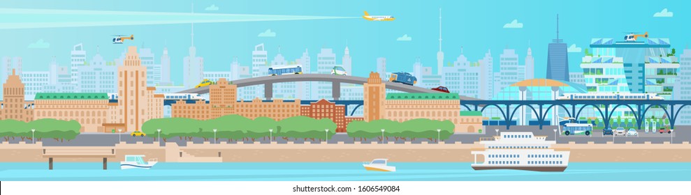 Horizontal modern summer city panorama. Cityscape with houses, quay, boats, ferry, train, bridge, cars, trees, helicopter and train, skyscrapers. Flat vector illustration.