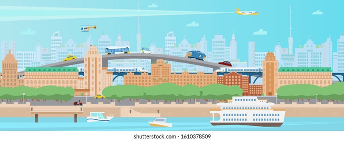 Horizontal modern summer city panorama. Cityscape with houses, quay, boats, ferry, train, bridge, cars, trees, helicopter and train, skyscrapers. Flat vector illustration.