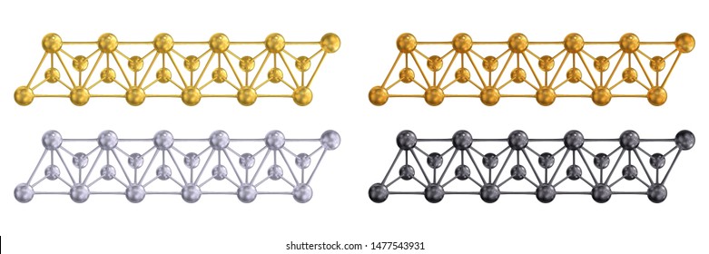 Horizontal molecular lattice. Set of gold, silver, copper, black colors. Vector 3d illustration isolated on white background.