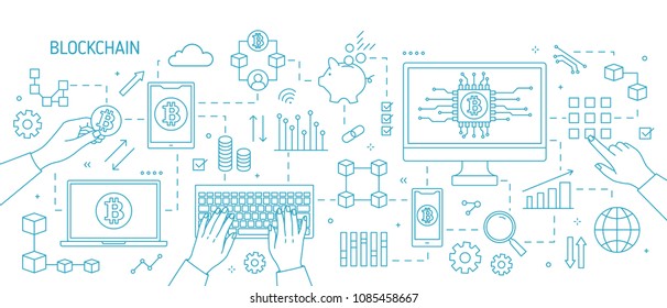 Horizontal Monochorme Banner With Hands, Computer, Laptop, Other Electronic Devices, Bitcoin Symbols. Blockchain, Cryptocurrency Or Digital Currency Technology. Vector Illustration In Line Art Style