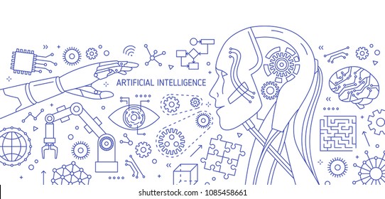 Horizontal monochrome banner with robot, robotic arm, integrated circuits, hi-tech devices drawn with contour lines on white background. Artificial intelligence. Vector illustration in lineart style
