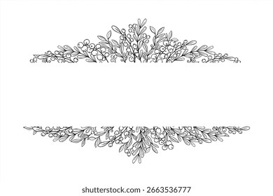 Horizontaler monochromer Rahmen mit Bräter, Wacholder, Holly und Rowan Beeren. Wintergrüne Pflanzenvektorgrafik mit Leerraum für Text. Für Saisoneinladung, Weihnachtskarte, Geburtstagsgrüße.