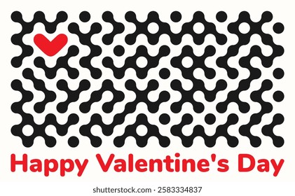 Horizontal monochrome trendy abstract futuristic geometric background with accent red heart for Valentine's Day, dotted shapes in retro style Y2K, groovy. Brutalist black on white poster. Vector EPS10