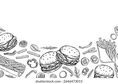 Horizontal monochrome vector border with burger, fries, vegetable slices, herbs graphic line art sketch. Traditional street food illustration with empty space for text. For delivery apps, packaging.