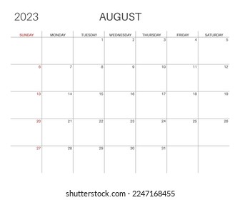 Horizontal monthly calendar. August calendar template. Sunday start. Letter size. Simple, minimalist design. 2023 year. Monthly planner. Vector
