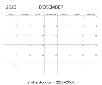 Horizontal monthly calendar. December calendar template. Sunday start. Letter size. Simple, minimalist design. 2023 year. Monthly planner. Vector