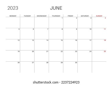 Horizontal monthly calendar. June calendar template. Monday start. A4 size. Simple, minimalist design. 2023 year. Monthly planner. Vector