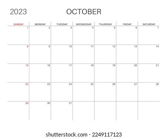 Horizontal monthly calendar. October calendar template. Sunday start. Letter size. Simple, minimalist design. 2023 year. Monthly planner. Vector