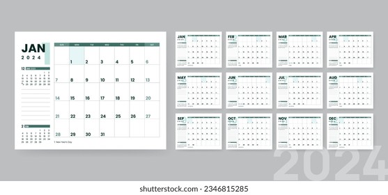 Horizontal monthly calendar template for 2024 year, Corporate templates design with lined for taking note, Vector calendar template