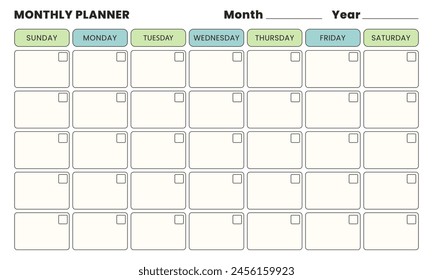 Horizontal página de planificador mensual con mes y año. Página de notas mensuales vacía. Ilustración vectorial.