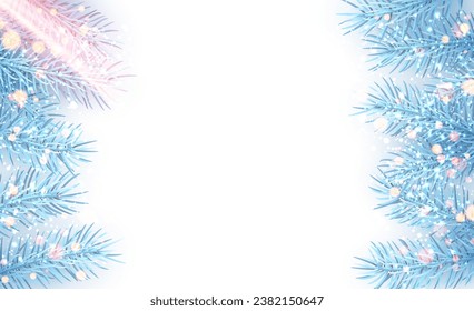 Horizontal morning banner with bright blue realistic fir branches. Sunlight with shiny particles and copy space. Vector illustration.