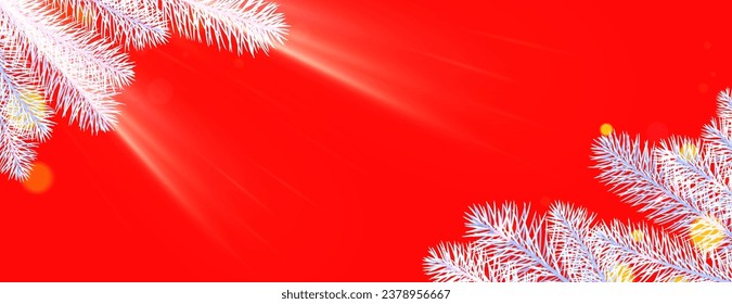 Horizontal morning red bright banner with blue realistic fir branches. Sunlight with shiny particles and copy space. Vector illustration.