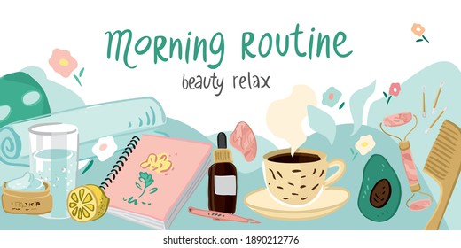 Horizontal morning routine banner template. Poster concept with elements for rituals of beauty, health of the soul and body. Background for cards, social media. Cartoon vector illustration.