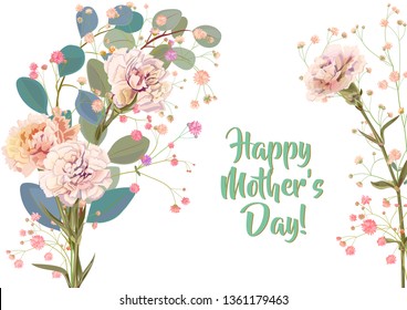 Horizontal Mother's Day card with carnation: white, red, pink, flowers, twigs gypsophile, leaves eucalyptus, white background. Templates for design, botanical illustration in watercolor style, vector