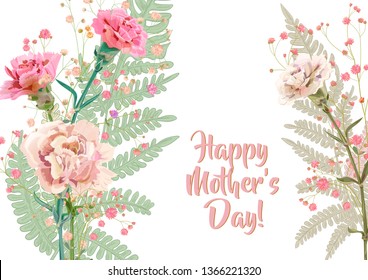 Horizontal Mother's Day card with carnation: pale, red, pink, flowers, twigs gypsophile, leaves fern, white background. Templates for design, botanical illustration in watercolor style, vector