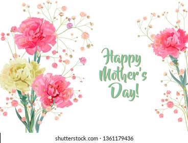 Horizontal Mother's Day, Victory Day card with carnation: red, pink, flowers, twigs gypsophile, white background. Templates for design, vintage botanical illustration in watercolor style, vector