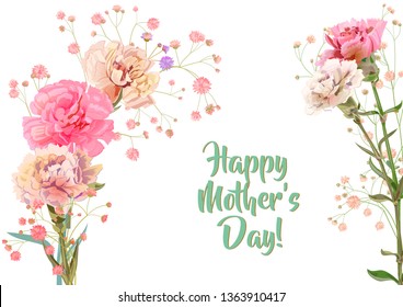 Horizontal Mother's Day, Victory Day card with carnation: light, red, pink, flowers, twig gypsophile, white background. Templates for design, vintage botanical illustration in watercolor style, vector