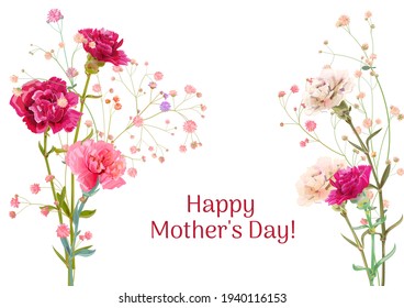 Horizontal Mother's Day, Victory Day card with carnation: red, pink, flowers, twigs gypsophile, white background. Templates for design, vintage botanical illustration in watercolor style, vector