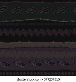 Horizontal motif, doodles,spots, hole,fishes, stripes, zigzag,  copy space, seamless. Hand drawn.