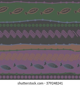 Horizontal motif, doodles,spots, hole,fishes, stripes, zigzag,  copy space, seamless. Hand drawn.