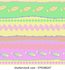 Horizontal motif, doodles,spots, hole,fishes, stripes, zigzag,  copy space, seamless. Hand drawn.