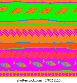 Horizontal motif, doodles,spots, hole,fishes, stripes, zigzag,  copy space, seamless. Hand drawn.