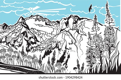 Horizontal mountain landscape forest flowers plants bicolor vector image 