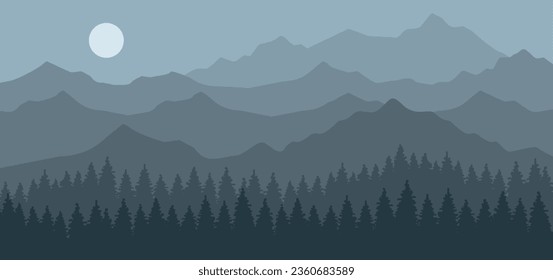 Horizontal mountain landscape in gray shades. Vector illustration	