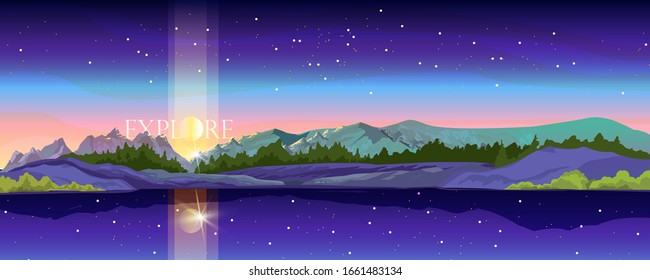 Horizontal mountain landscape with lake, forest, hills, rising moon and stars. Panoramic night banner in trendy blue colors. Summer adventure and camping background for advertisements, wallpapers