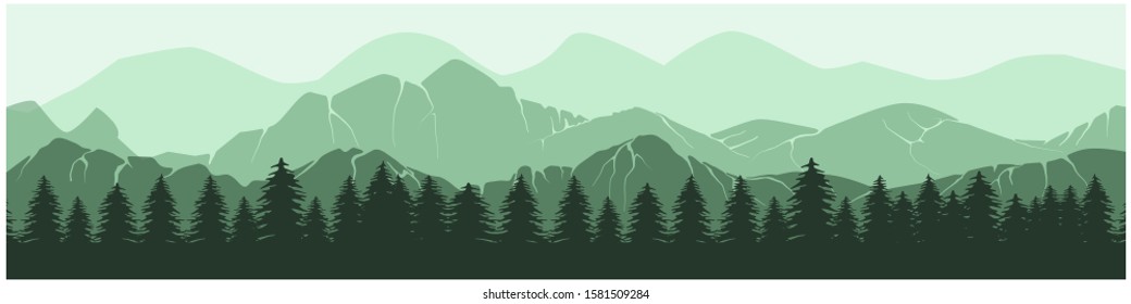 Horizontal mountain landscape with trees.  Outdoor and hiking concept. Vector illustration.