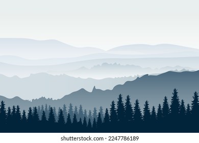 Horizontal mountain landscape with trees. Panoramic view of ridges and forest in fog, vector illustration.