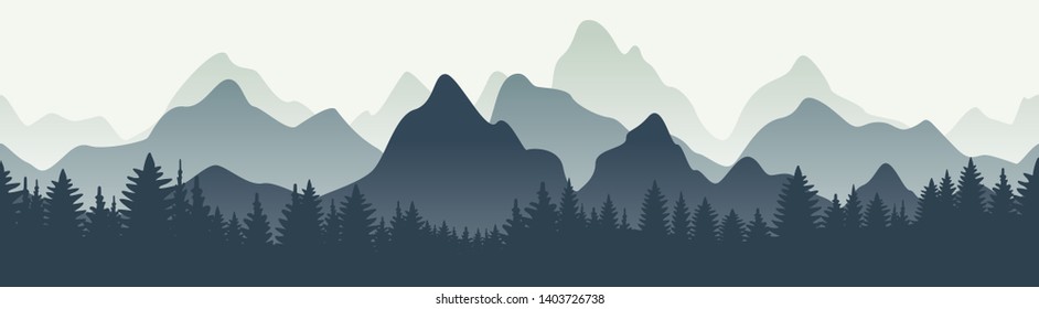 Horizontal mountain landscape with trees. Seamless mountains background. Outdoor and hiking concept. Vector illustration.