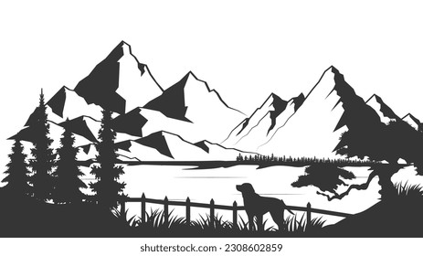 Horizontal mountain landscape with trees. Seamless mountains background. Outdoor and hiking concept. Vector illustration.