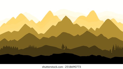 Horizontal mountain landscape with trees. Seamless mountains background. Outdoor and hiking concept. Vector illustration.