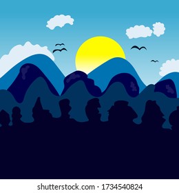 Horizontal mountain landscape with trees,sun and  birds. mountains background. Outdoor and hiking concept. Vector illustration.