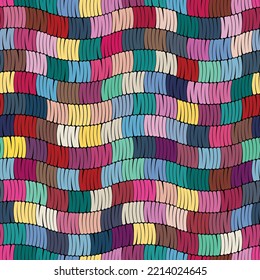 Horizontal multicolor embroidered lines. Patchwork style fabric. Seamless colorful repeating pattern. Striped vector image. Perfect for textile, wrapping, print, web, and all decorative projects.
